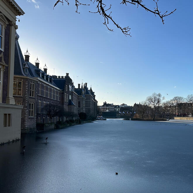 Frozen lake and winter view of Den Haag, Netherlands